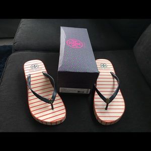 TORY BURCH POPPY RED/NAVY STRIPES FLIP FLOPS